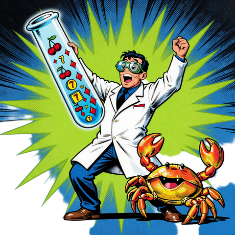 Professor pr&auml;sentiert Reagenzglas voller Slot-Symbole mit Bonus Crab