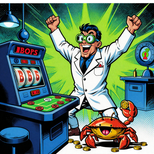 Professor von CasinoLab kommandiert Slot-Labor mit leuchtenden Walzen und Bonus Crab